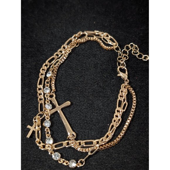 Gold Tone Rhinestone Cross Triple Chain Tennis Bracelet 8-9" - Picture 5 of 6